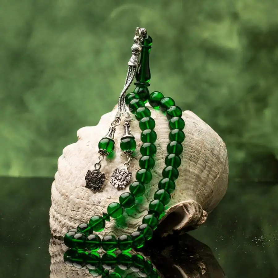 Green Amber Gemstone Prayer Rosary Men Sphere Cut Rosary With Silver Tassel Turkish Double Ottoman Tughra Tassel 925k Silver