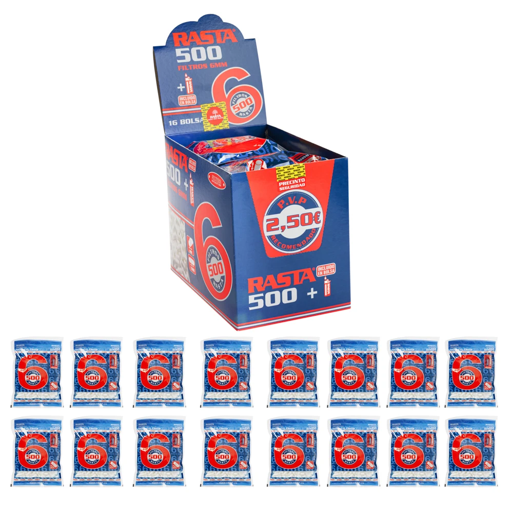 مرشحات رفيعة رفيعة 6 مم من راستا 8000، فوهة جرة - 16 كيسًا مكون من 500 فلترًا + ولاعة واحدة لكل كيس