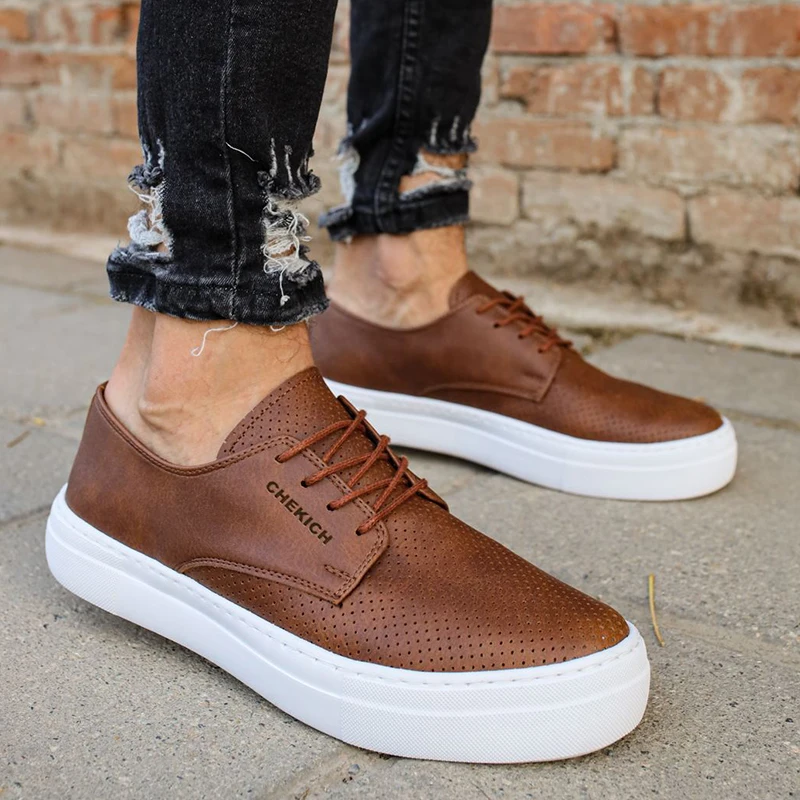 Chekich Men's and Women's Casual Shoes Tan Color Non Leather Laced Summer Autumn Seasons Brown Unisex Classic Sneakers Wedding Lightweight Comfortable Breathable Orthopedic Vulcanized Material Canvas Suits CH061 V7