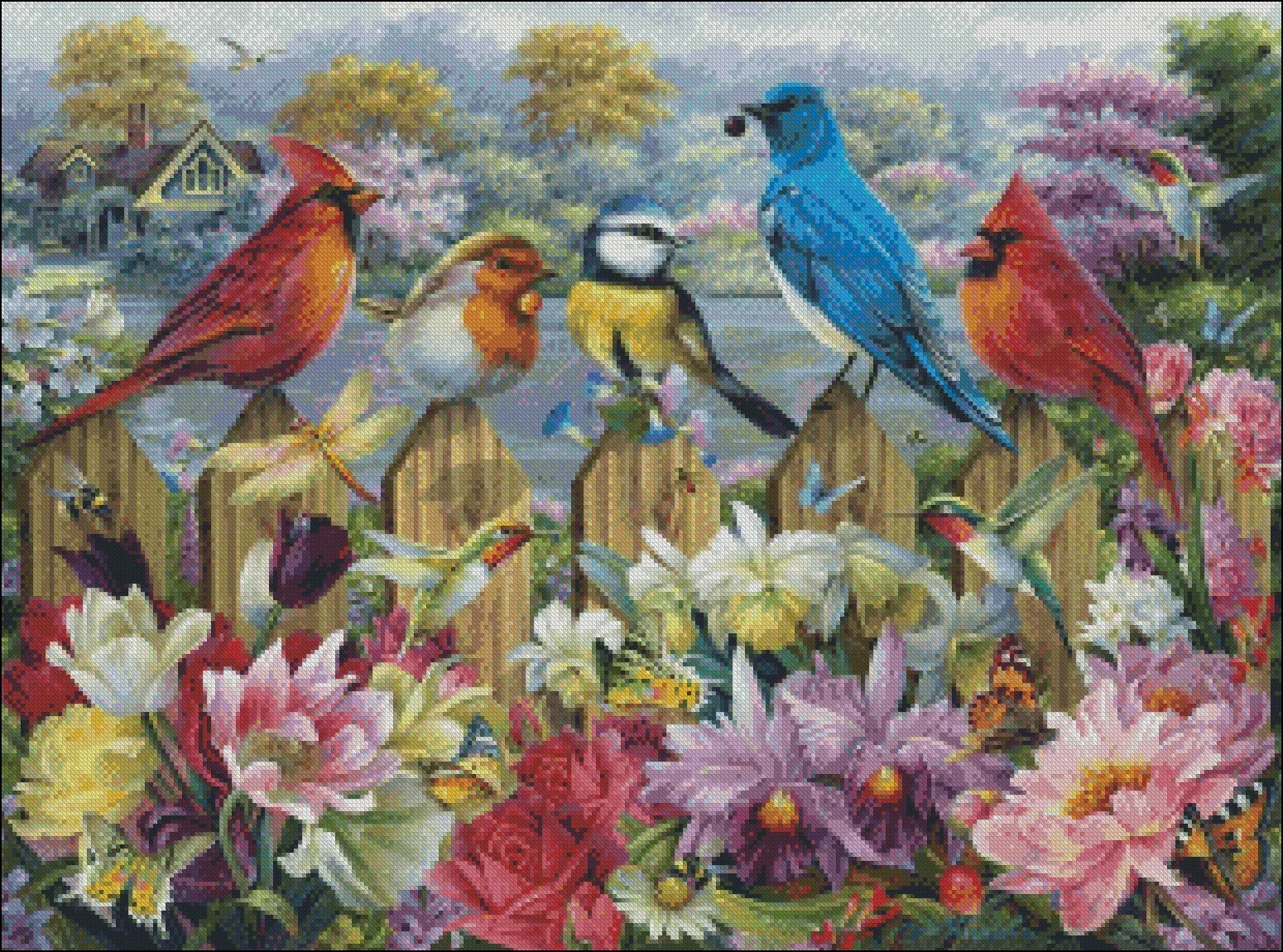 Birds in a Blooming Garden - Counted Cross Stitch Kits - Handmade Needlework Embroidery 14 ct Aida Cross Stitch Sets