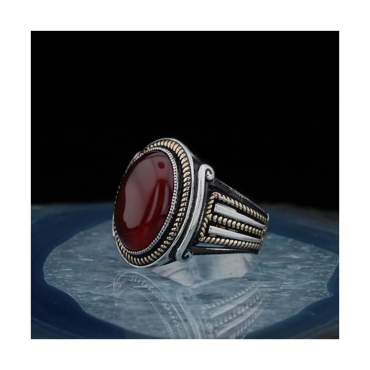 925 Sterling Silver Oval Burgundy Agate Stone Design Cool Men's Ring Exclusive Chic Accessory for Men Special Ring