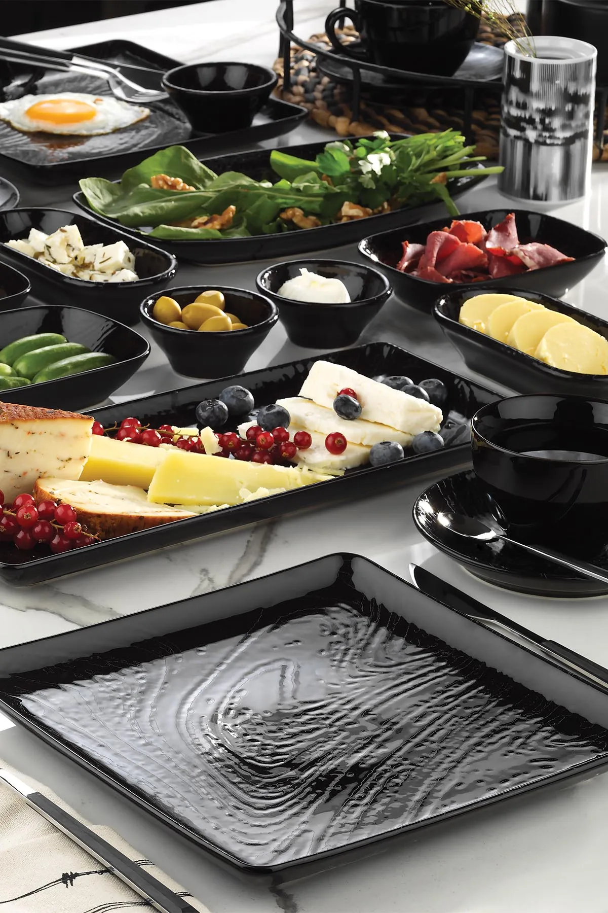 Stylish Mat Black Square Design 6 Persons 32 PCS Porcelain Turkish Made Complete Dinnerware Set