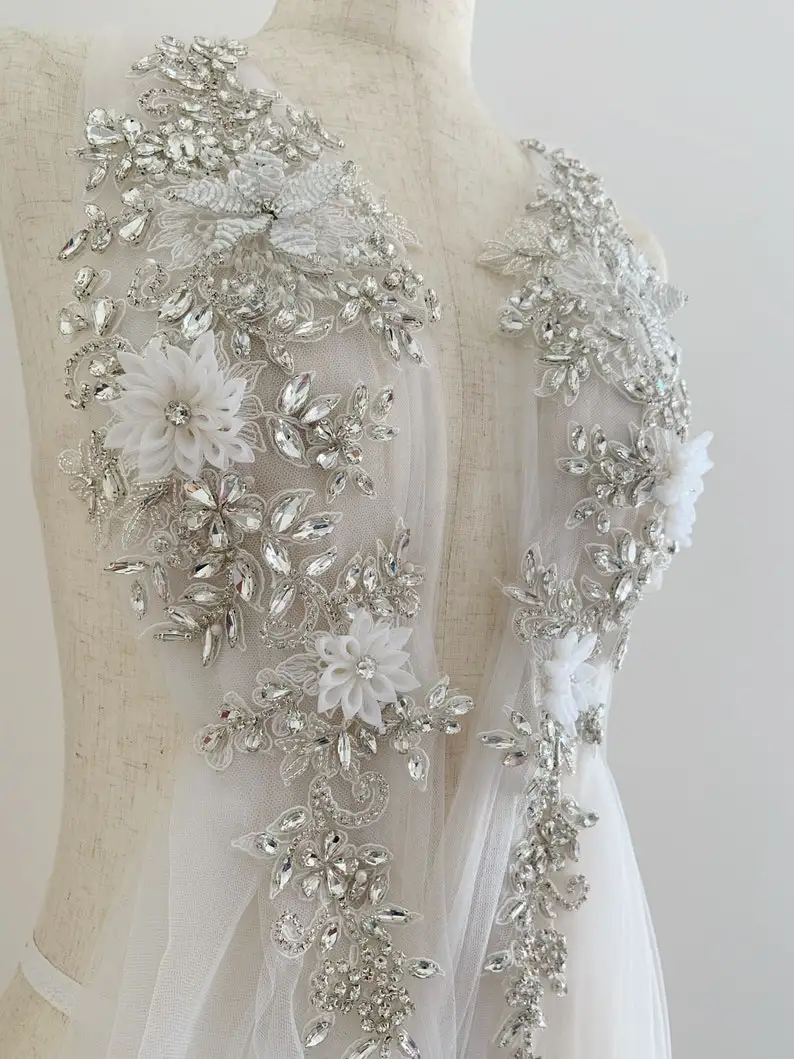 Silver Rhinestone Appliqué With 3d Hand Crafted Flowers French Bead Bodice Patch For Couture Dance Costume, Bridal Dress,