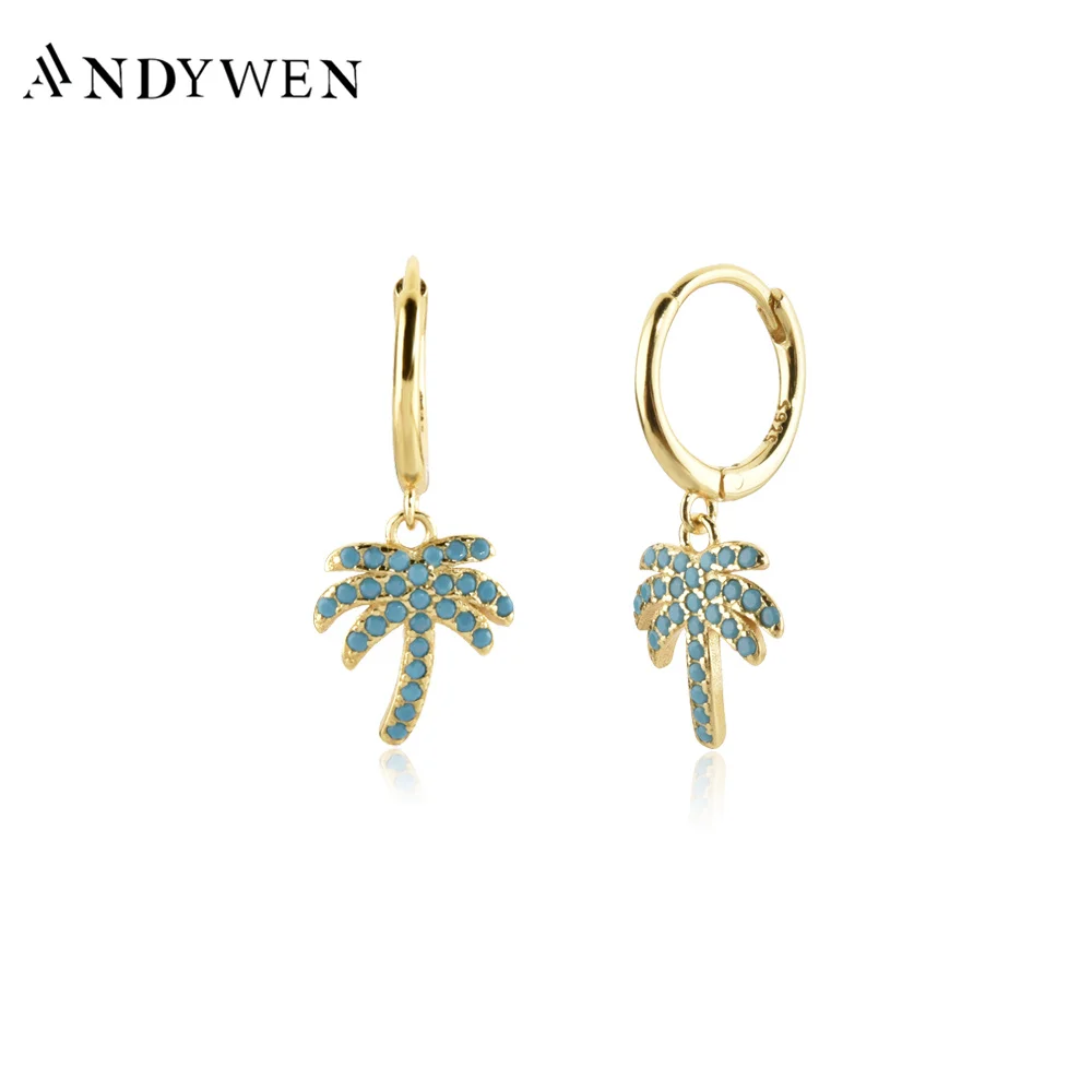 

ANDYWEN 925 Sterling Silver Leaf Tree Green Turquoise Drop Earring Loops Circle Women Luxury Jewelry 2022 Women Wedding Crystal