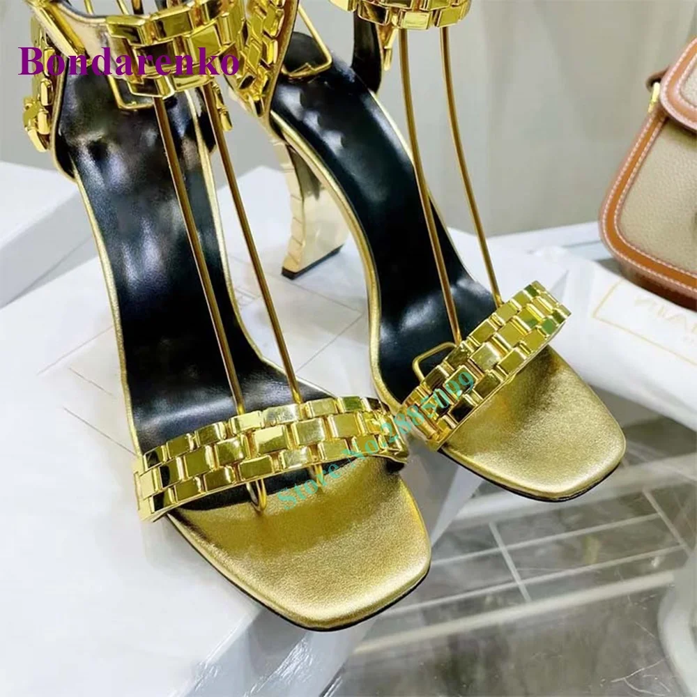 New Fashion Strange Heel Sandals Women Shoes Square Toe Gold Watch Strap Chain Buckle Sandals Summer Party Dress Shoes Sexy