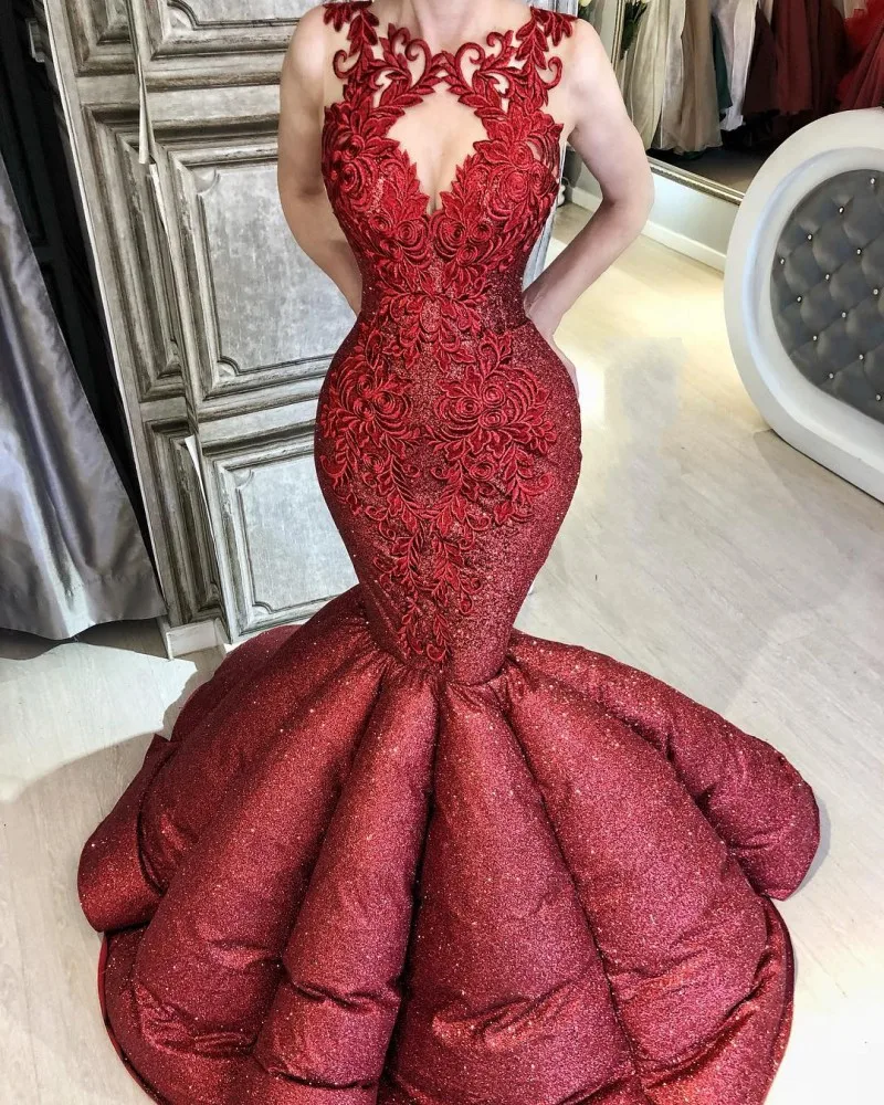 Robe de soirée Sexy en dentelle bordeaux, tenue de soirée sirène à paillettes, sans manches, tenue de fiançailles, 2021