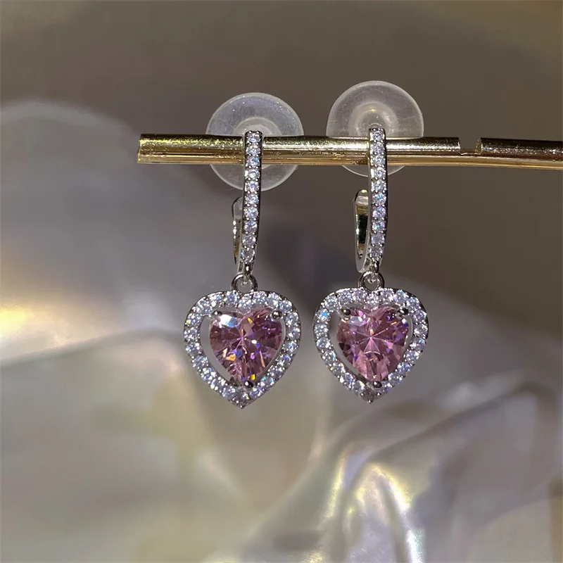 Korean Fashion Heart Earrings For Women Elegant Pink Rhinestone Dangle Earrings For Girl Senior Designer Jewelry aretes de muje