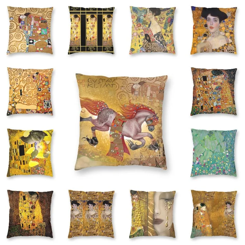 Gustav Klimt Running Horses Cushion Cover Sofa Home Decorative Golden Tears And Kiss Square Throw Pillow Case 40x40