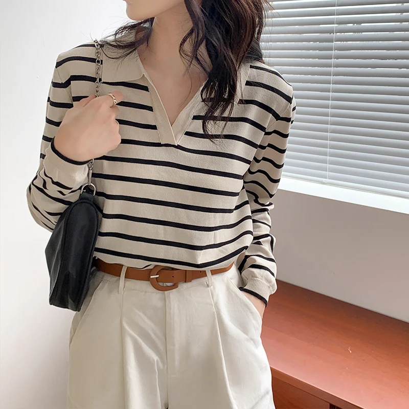 Striped Sweater Women Fall 2022 Casual Basic Long Sleeve V Neck Vintage Pullovers Korean Tops Elegant Office Jumpers