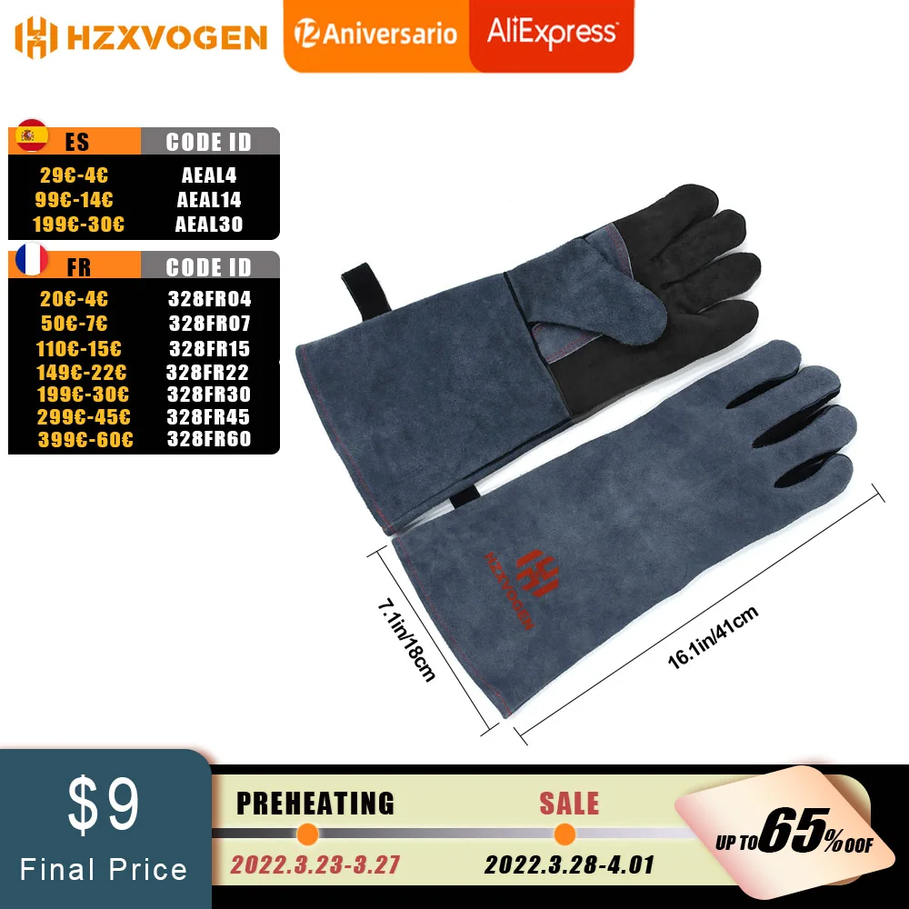 HZXVOGEN  Welder protection Work leather Gloves For Welder 1.3mm BBQ Kitchen Stove Heat Puncture Resistant Gloves For Welding