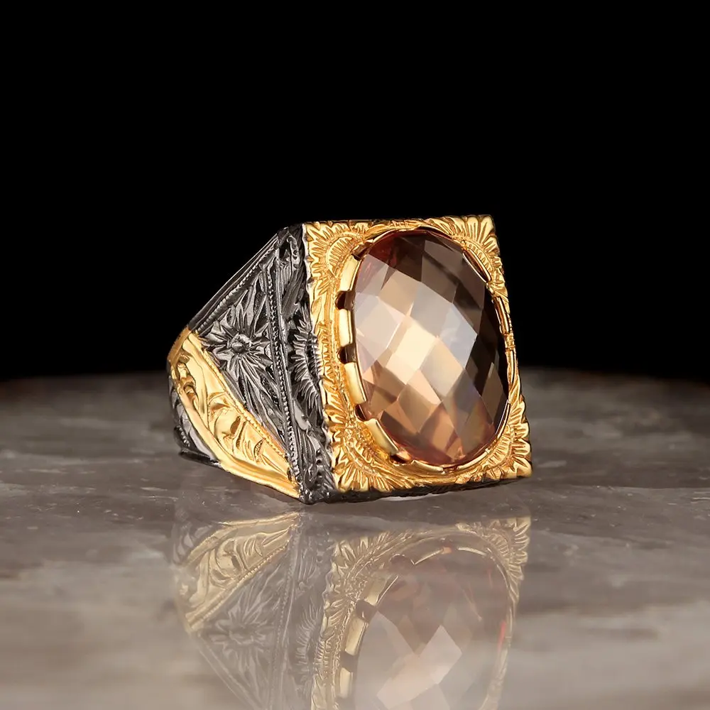 

Pen İşçilikli Lapping Coated Handwork Citrine Cubic Zirconia 925 Sterling Silver Men 'S Ring