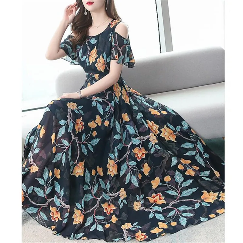 

2020 Korean summer new women's fashion temperament O-neck print short-sleeved long section chiffon dress women