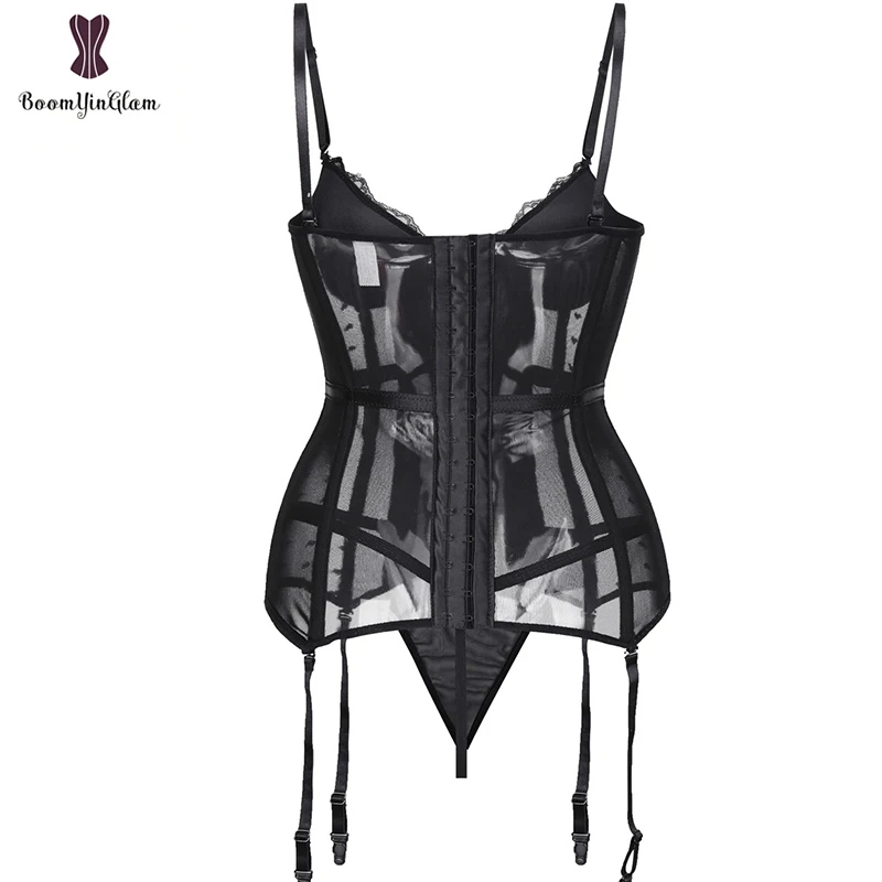 Padded Cups Stretch Lace Corset With Thong And  Bow Removable Straps Bustier Sexy Lingerie