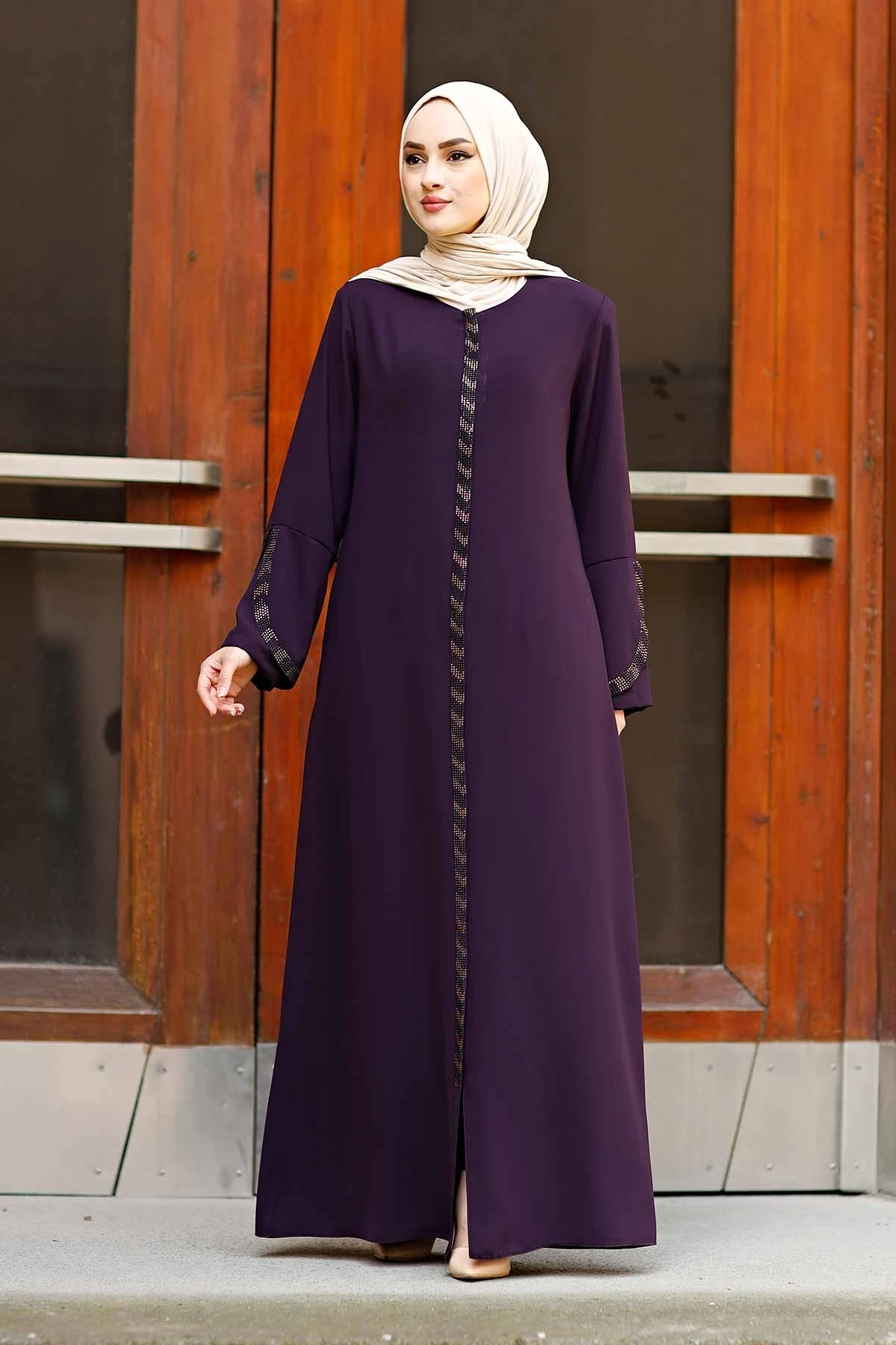 Front Zippered Arms Stone Abaya Dress Turkey Muslim Fashion Islam Clothing Dubai Istanbul Istanbulstyles 2023