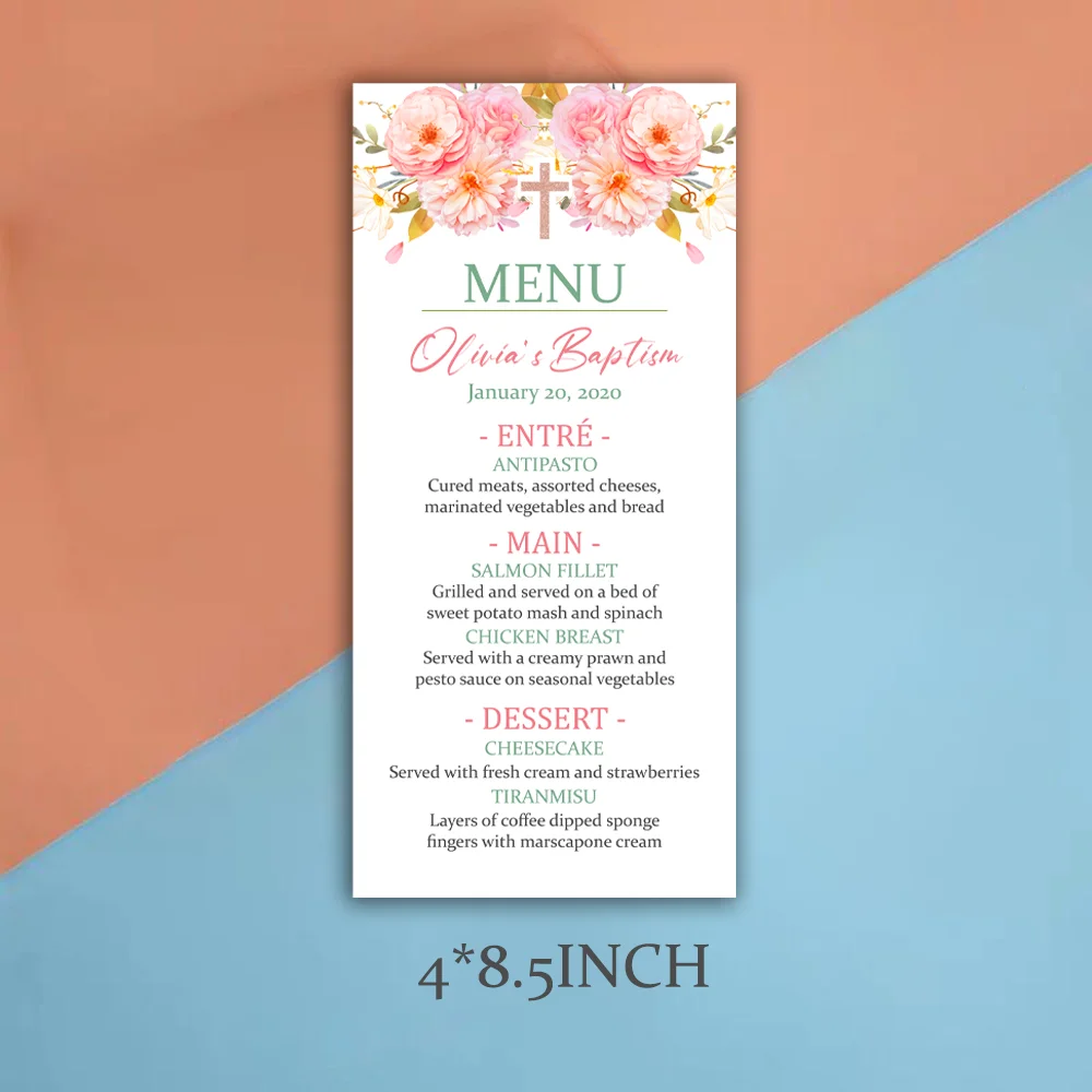 Blush Pink Floral christening menu Cards, Personalized, Wedding, Shower, Dinner, Brunch