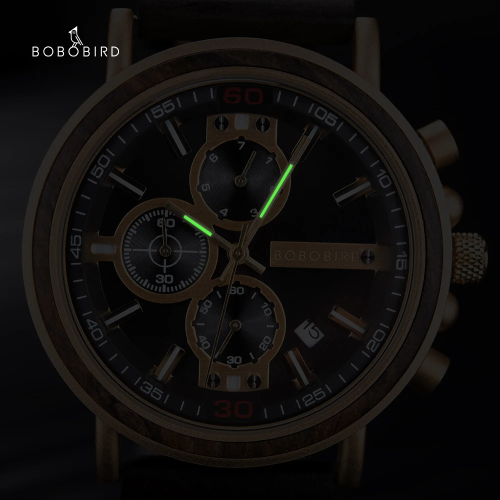 montre homme BOBO BIRD Personalized Name LOGO Wooden Men Luminous Watch Japanese Movement Chronograph Military Dropshipping