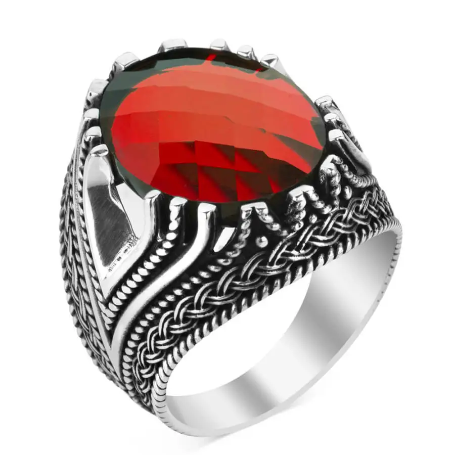 Sterling Silver Mens Ring with Faceted Red Zircon Stone Fashion Turkish Premium Quality Handmade Jawelery