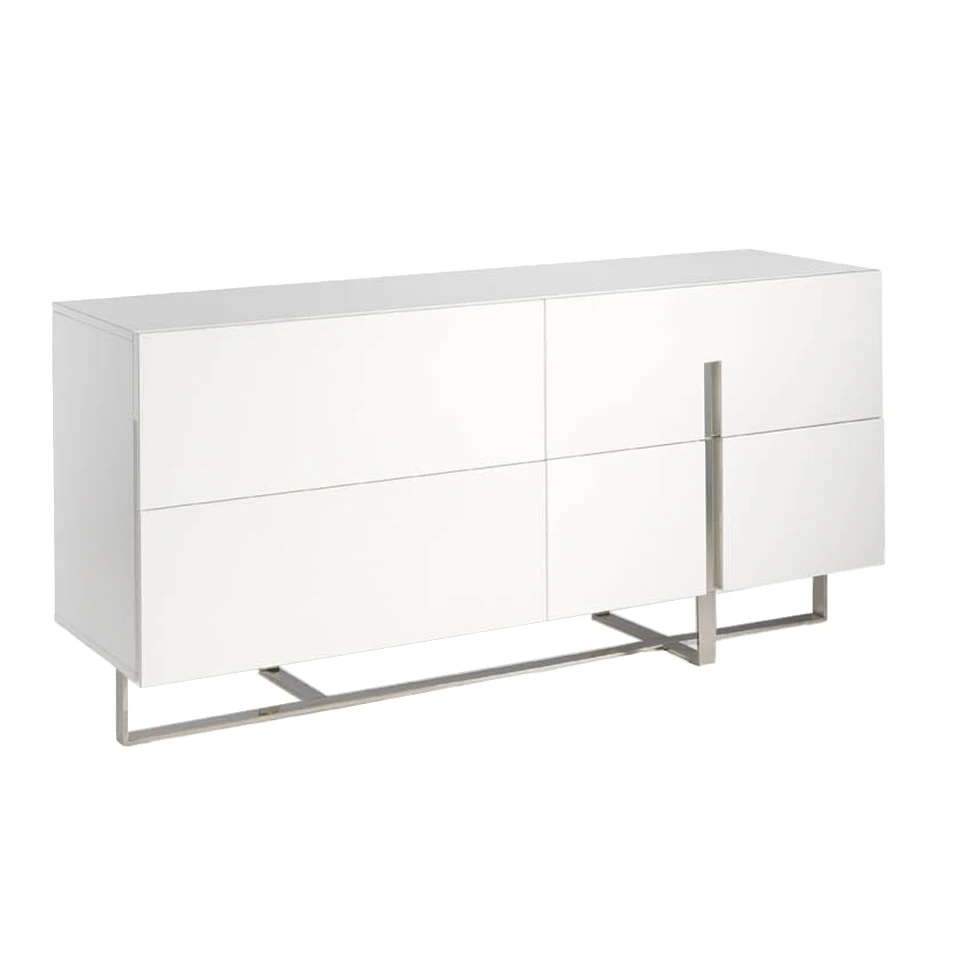 3052 sideboard Angel Cerdá-sideboard with a DM structure lacquered in gloss white with a leg structure and trims in chrome stainless steel of 22 microns, and with four double drawers.