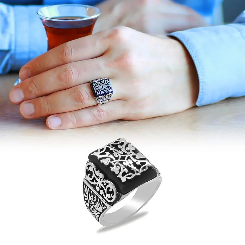 MEN 'S 925 Sterling Silver Ring, Onyx Gemstone Pen İşçilikli Creeper Pattern Theme, Men 'S Gift Jewelry Accessories, made in Turkey Trend