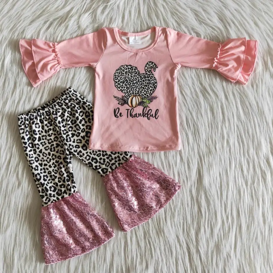 

RTS 2022 Girls Clothing Thanksgiving Hot Sale Print Long Sleeve Leopard Bell Bottom Winter Baby Girl Boutique Kid Clothes