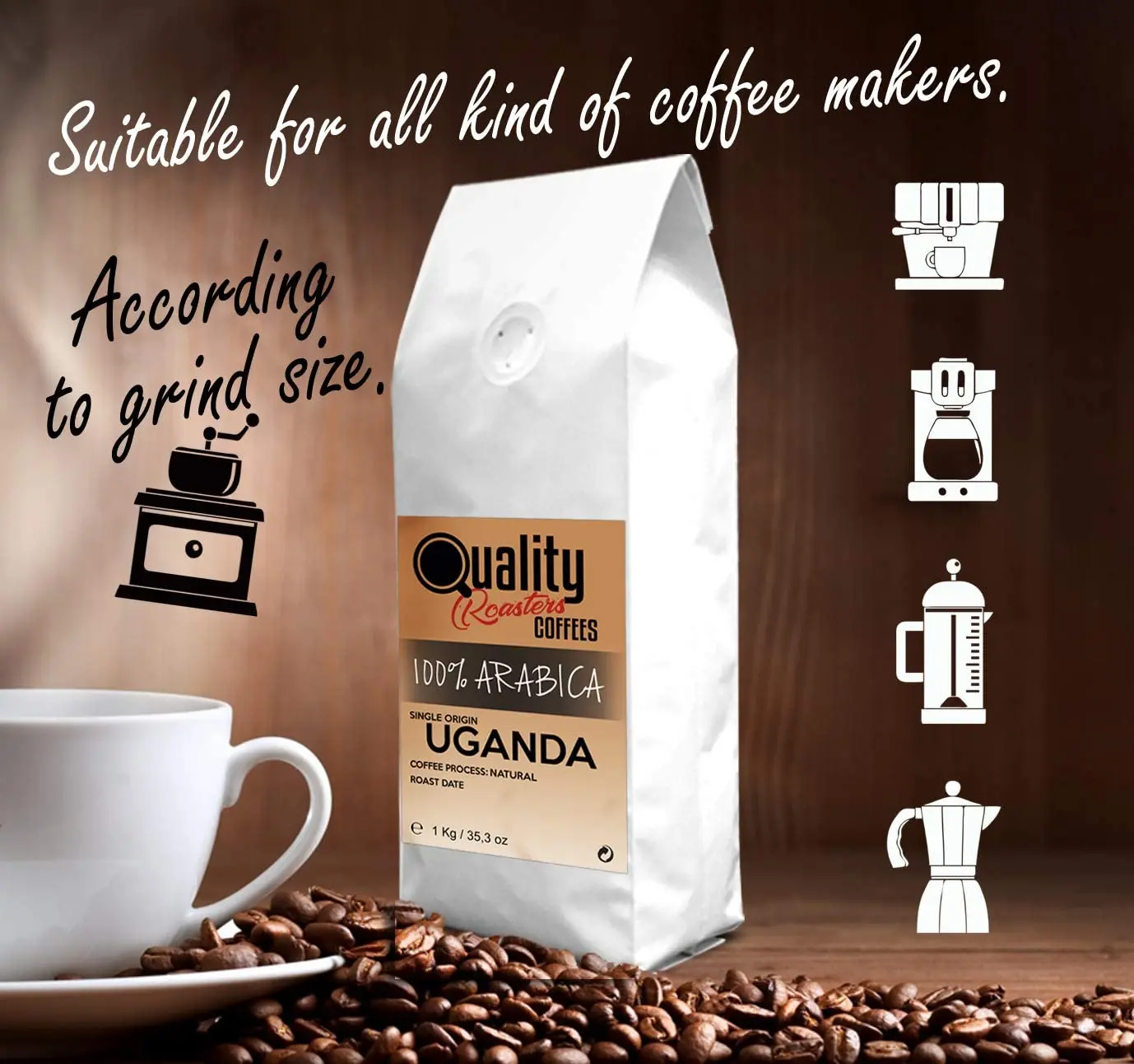 Quality Roasters Coffees. Café en grano natural. 100% Arábica. Origen único Uganda. Pack de 4 Kg. Tostado artesanal. Tueste Medio. 4 x 1 Kg.