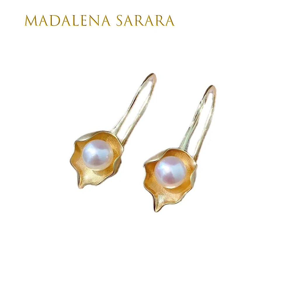 

MADALENA SARARA 6mm Freshwater Pearl Women Earrings 18K Gold Long Hook Petal Shape Earrings Au750 Stamp