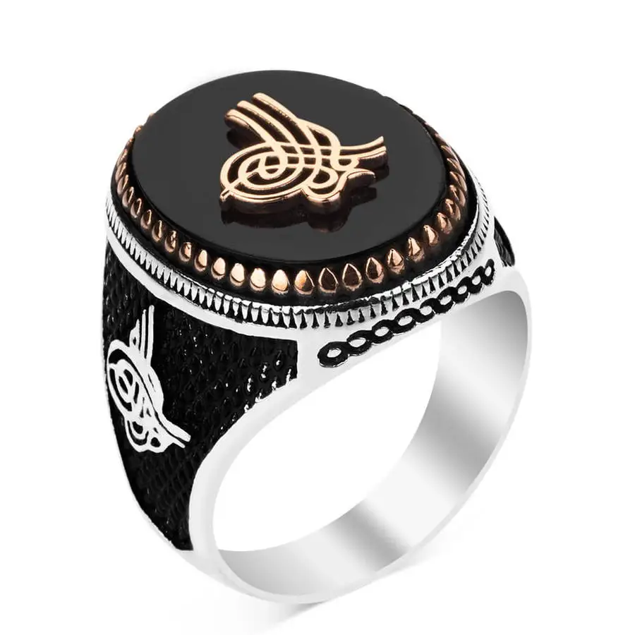 Silver Ottoman Crest Mens Ring with Black Onyx Stonework Fashion Turkish Premium Quality Handmade Jawelery