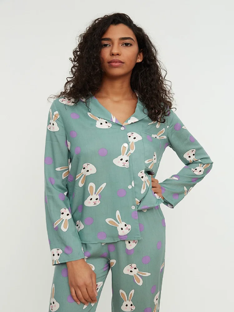 

TuBiTeX Green, Long Sleeve, Button, Rabbit Pattern, Woven Pajamas set, Sleepwear Top, pajama Bottoms, Suit