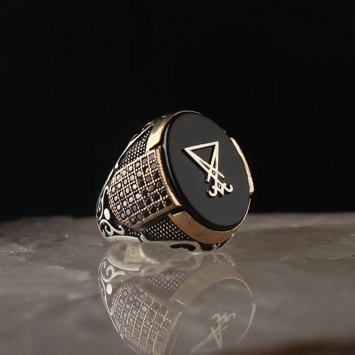 925 Sterling Silver Mens Silver Ring Onyx Stone Sigil of Lucifer Devil Seal of Satan Ring Men Silver Ring