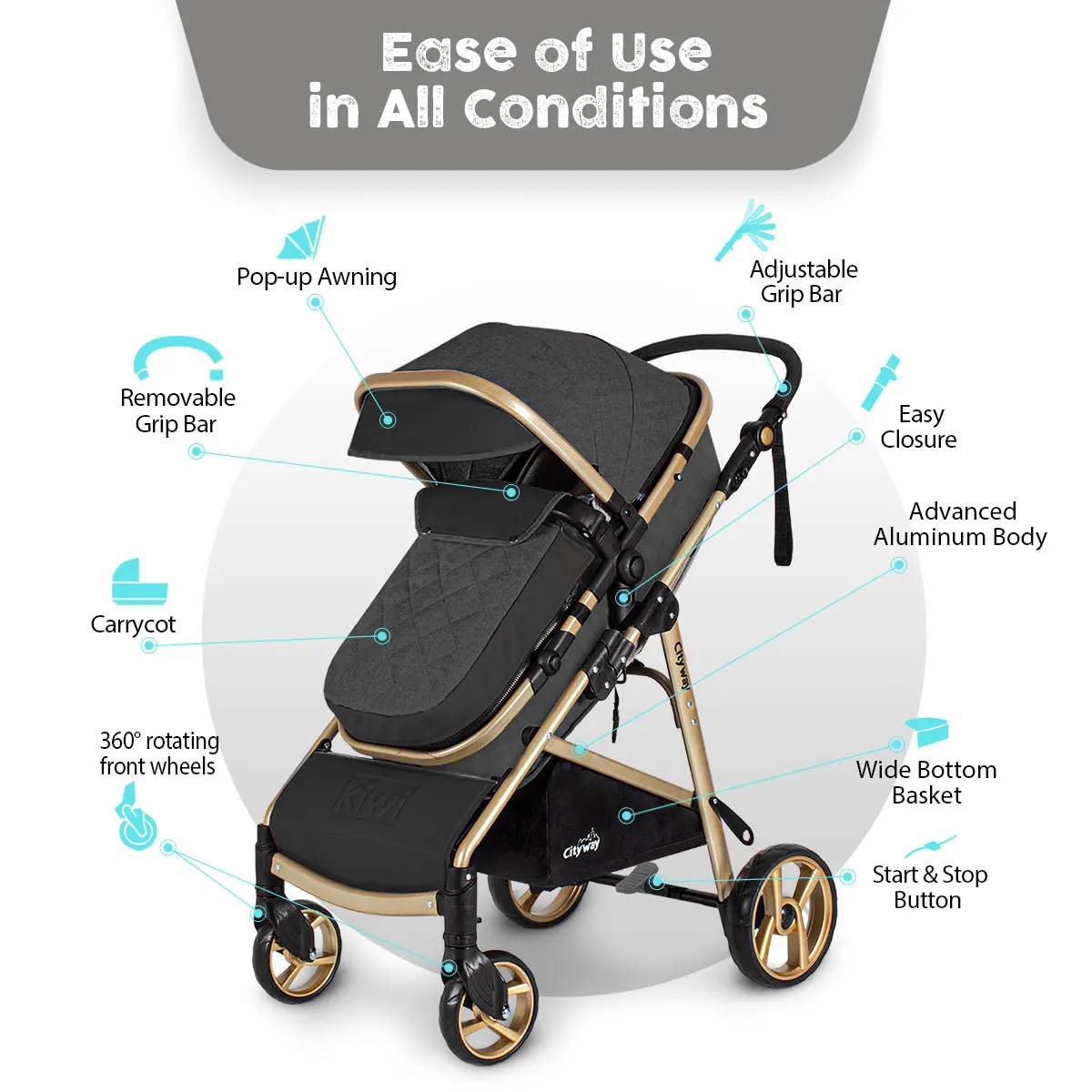 Baby stroller Kiwi City Way 5 in 1 Stroller, Carry Cot, Carrying Seat, Nursing Bag, Raincoat,