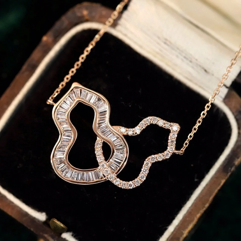 Aazuo 18K Solid Rose Gold Real Diamonds 0.55ct Luxury Double Gourds Necklace With Chain Gifted For Women Birthday Wedding Party