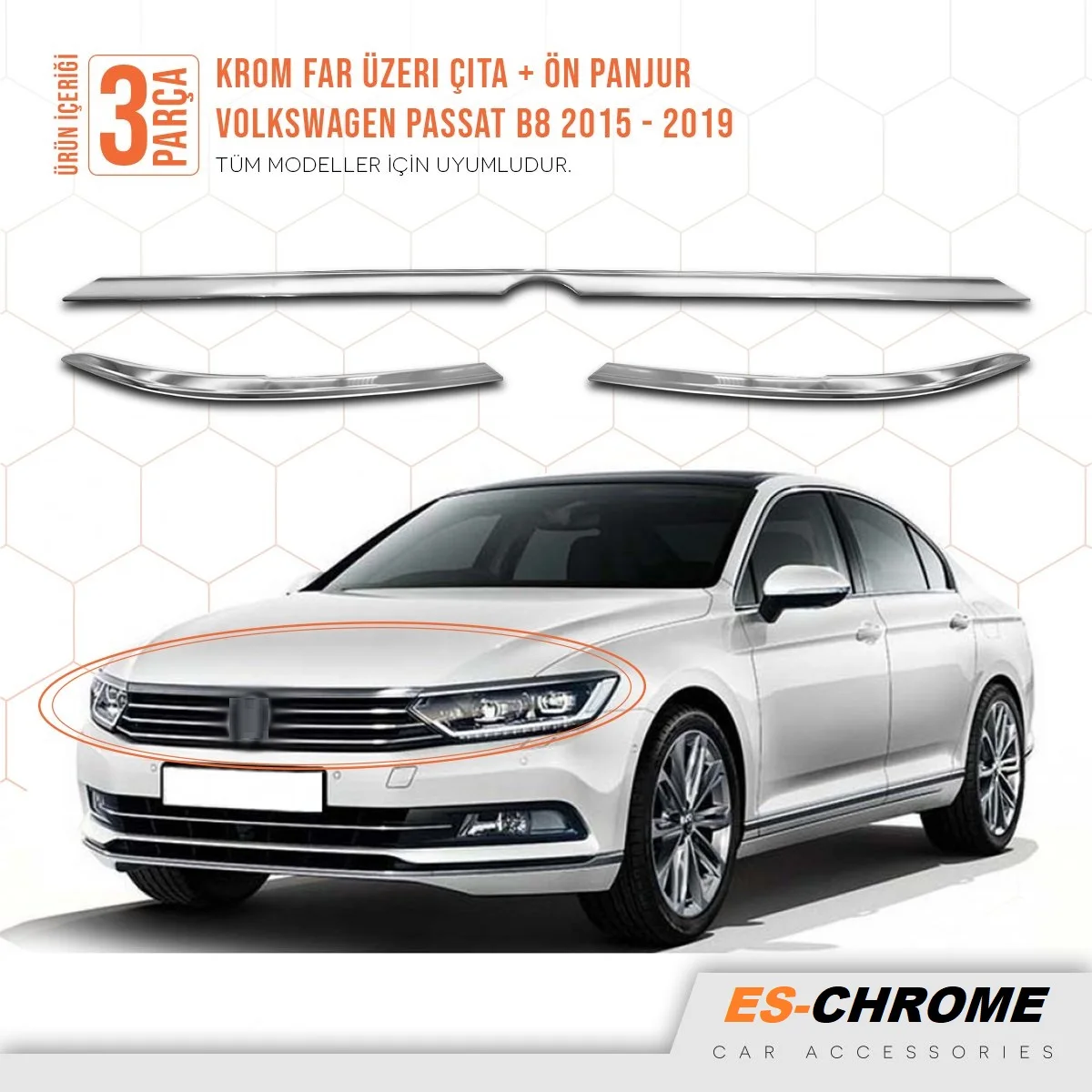 Fit For Volkswagen Passat B8 Front Headlight Above Slat + Front Grille 2015-2019 Chrome Styling Moulding Exterior Parts Accessories Trim