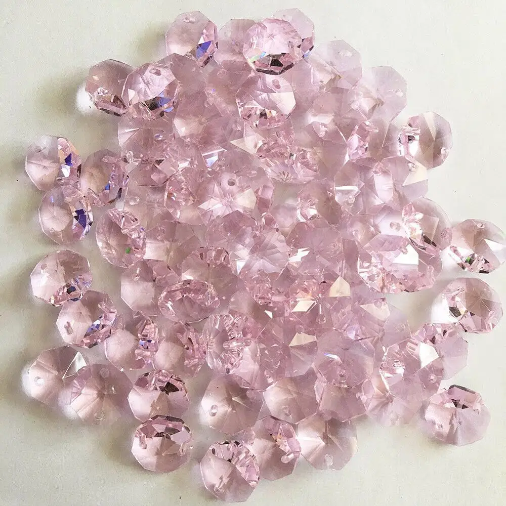 Camal 100Pcs Pink Color 14mm Octagon Crystal Glass Loose Beads 2 Holes Chandelier Chain Garland Prism DIY Part Home Decor