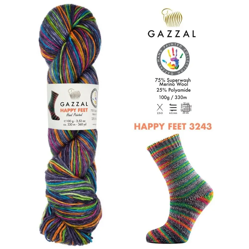 

Gazzal Happy Feet Socks Hand Knitting Yarn, Super Wash Merino Wool, 100 grams 330 meters, Thread, Polyamid, Amigurumi, Crochet, Clothes, Glitter, Cardigan, Blouse, Quality, Hobby Knit Packs Palmie Made In Turkey Diy