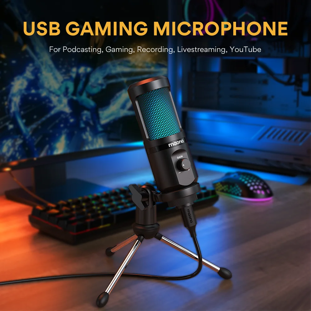 Maono PM461TR USB Gaming Microphone Desktop Condenser Mic Podcast PComputer Mic with Gain For Recording,Podcasting,Streaming