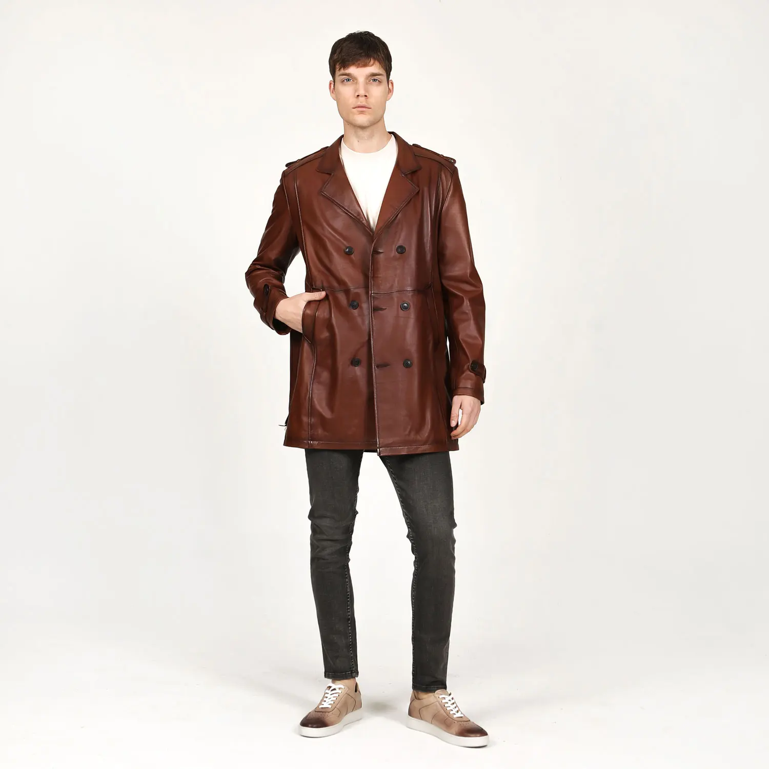 Men's Real Leather Lambskin Jacket Trenchcoat Winter Autumn Coat Male Warm Genuine Suede Casaco Brown Color Trendy Sheepskin