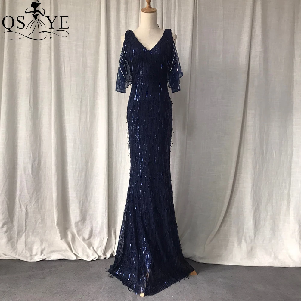 Navy Sequin Evening Dresses Tassel Mermaid Party Gown Short Batted Side Sleeves Stretchy V Neck Fringe Blue Formal Prom Dress