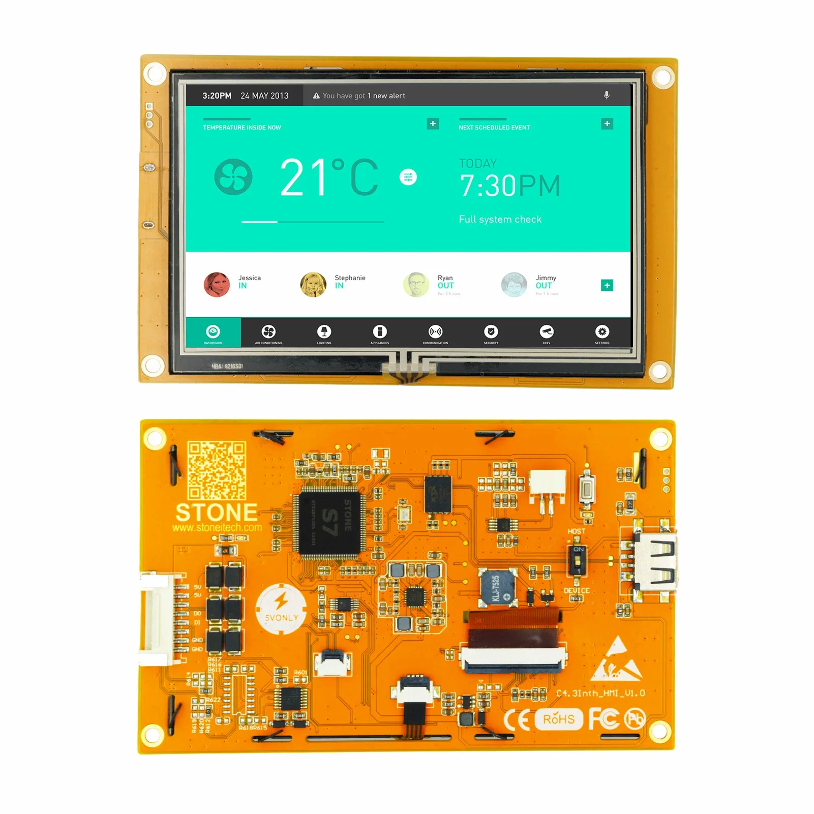 

Stone 4.3 inch TFT LCD Module ANY MCU via Simple Powerful Command Set 128MB of flash memory for HMI projects