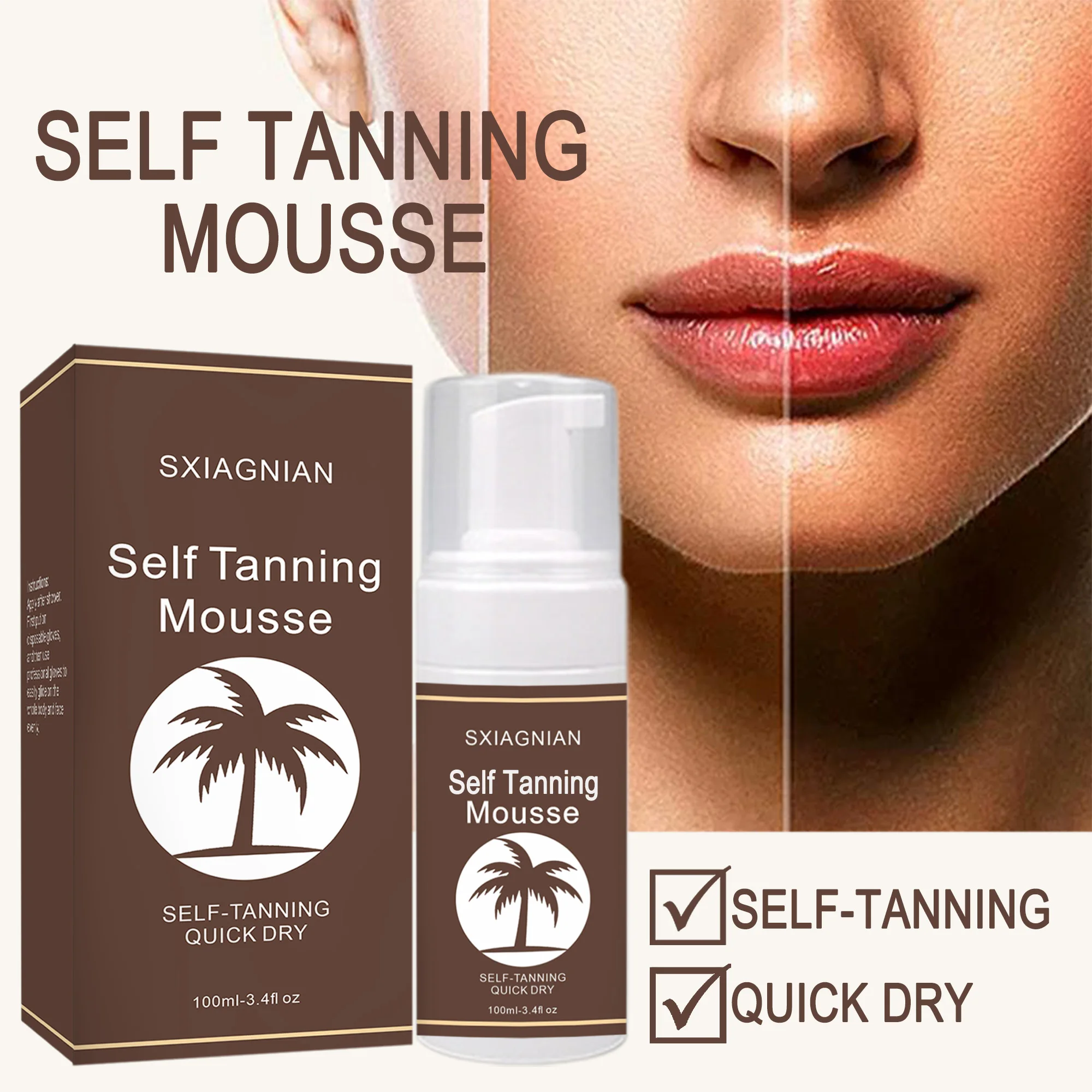 self tanning mousse 100ml Gift gloves Automatic tanning mousse spray happy facial Become beautiful Black Large amount