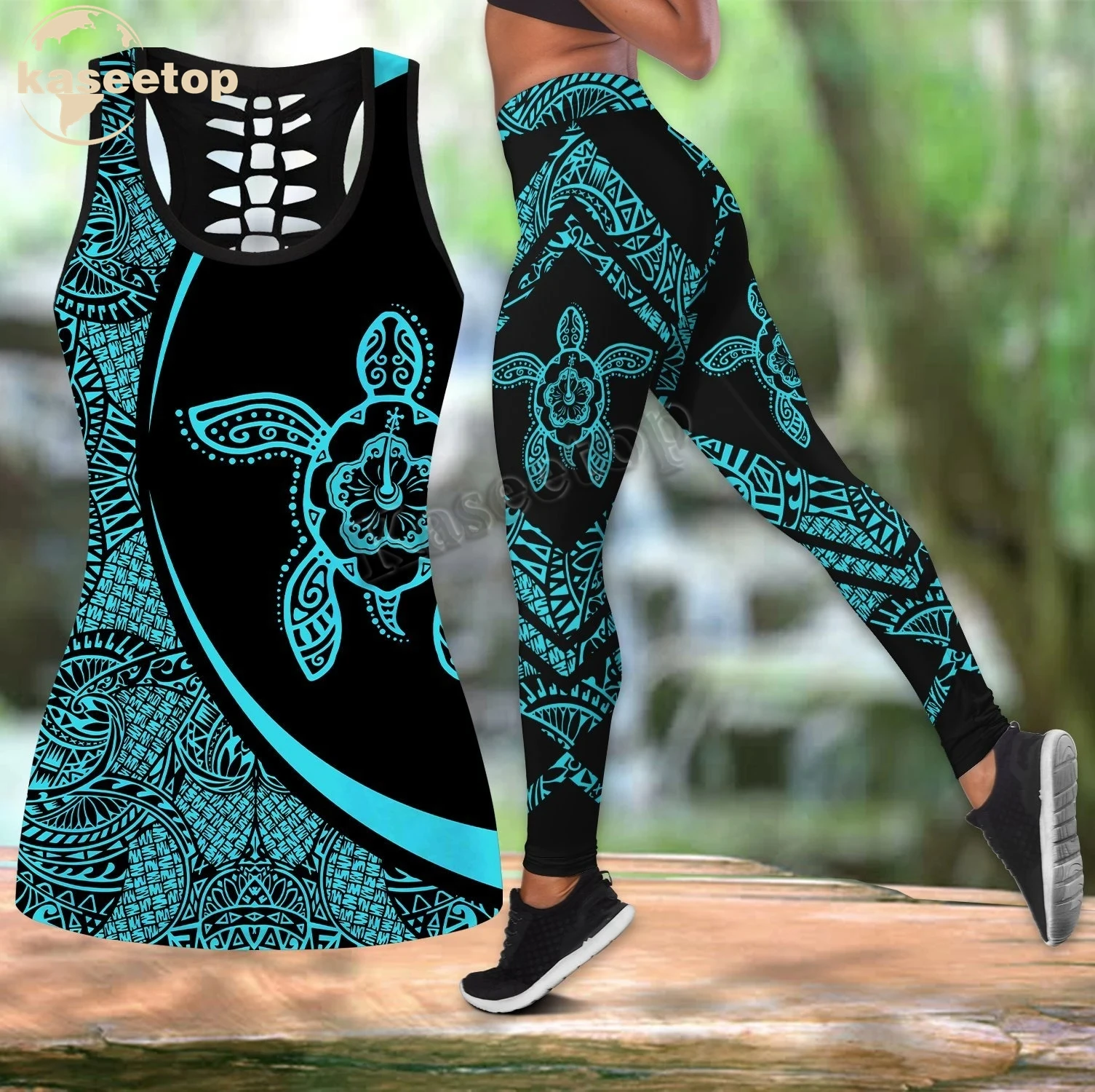 

Fashion Turtle Tank Top 3D Print Women Two Piece Yoga Set Vest Hollow Combo Tank Top Legging Waist Sport Fitness Quick Dry LK343