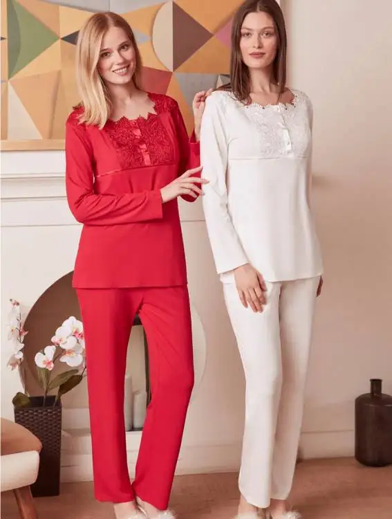 Mecit Combed Cotton Guipure Bridal Pajamas Dressing Gown Set 1926
