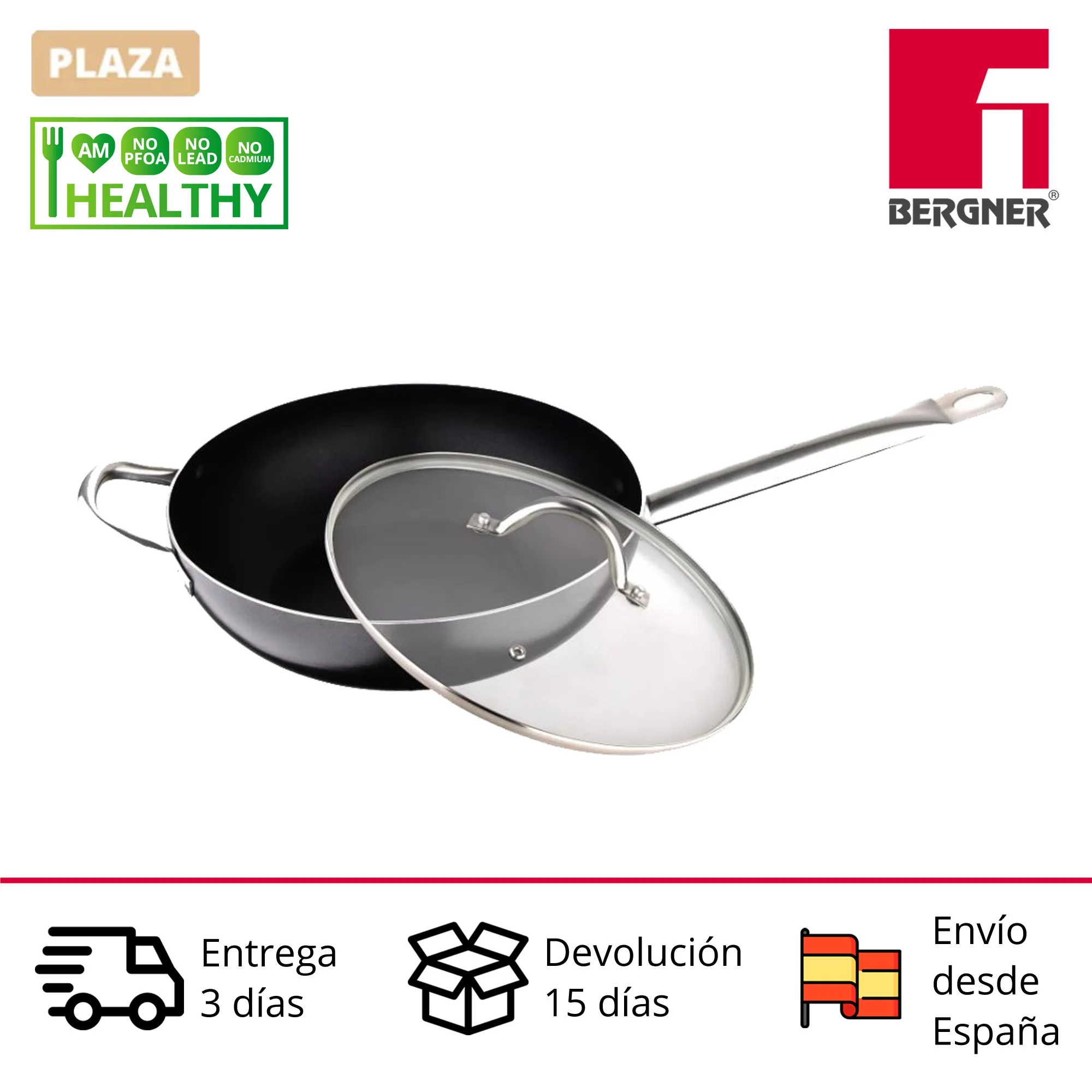 Wok frying pan (28cm) BERGNER professional Chef in pressed aluminum with handle and glass lid fit even for induction