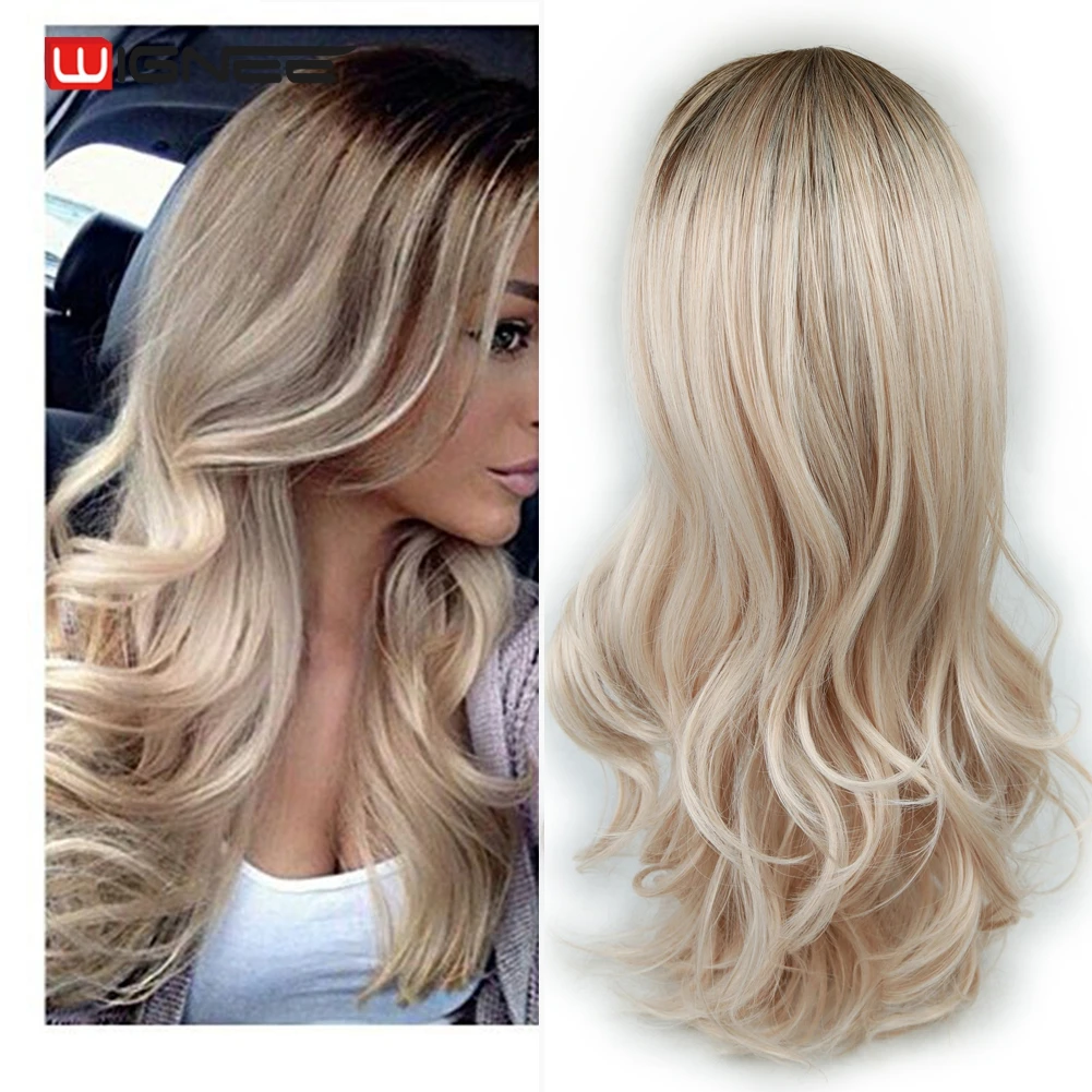 Wignee Panjang Sintetis Wig 2 Tone Ombre Coklat Ash Blonde Tahan Panas untuk Wanita Tanpa Glueless Tanpa Bergelombang Harian/Cosplay Alami wig Rambut