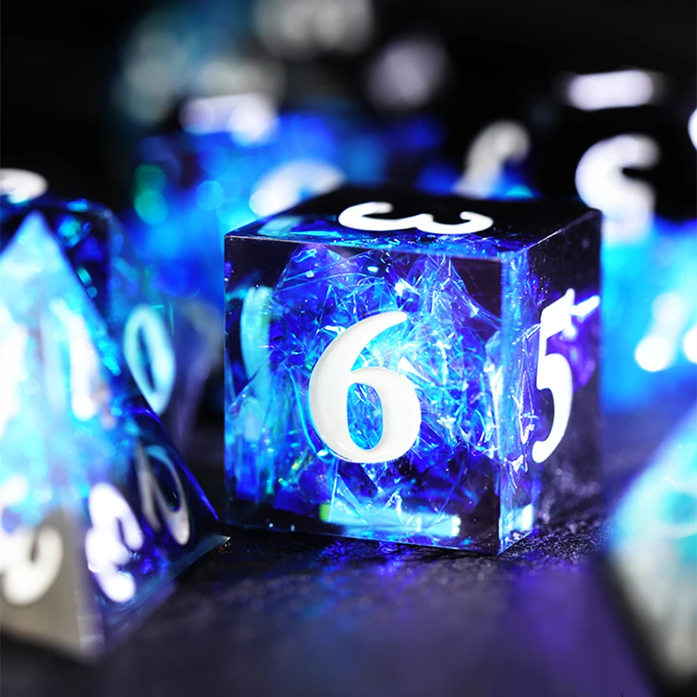 Juego de dados de cristal de hielo azul oscuro D & D COC, D4 D6 D8 D10 D % D12 D20, juegos de mesa DND RPG, 7 piezas por juego