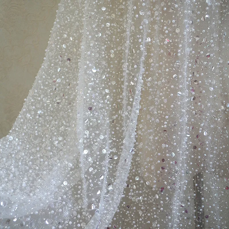 Luxury Lace Fabric With Silver Sequins And Beads French Lace Fabric For Bridal Dress And Haute Couture