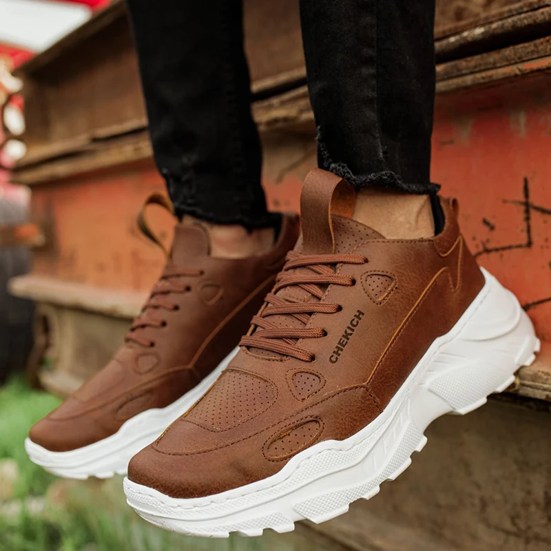 Chekich Shoes for Men Tan Non Leather Casual Spring and Autumn Seasons Trend Fashion Comfortable Medium Outsole Breathable Lightweight Running Training Footwear Air Brown Sneakers Height Increase High Quality CH089 V1