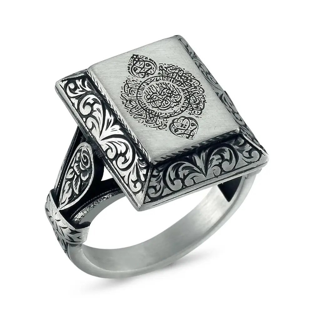 Handcraft Arabic Men Ring Jewelry Muslim Islam 925 Silver Islamic Ikra Ayat of Koran Traditional Calligraph Rings for Men