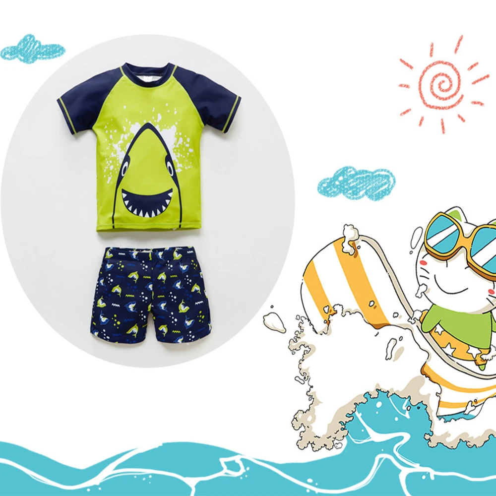 

KAVKAS Summer Kids Swimsuit Boys Swim Trunks + Swimsuit 2 Pieces Cartoon Shark Children Swimwear Suits