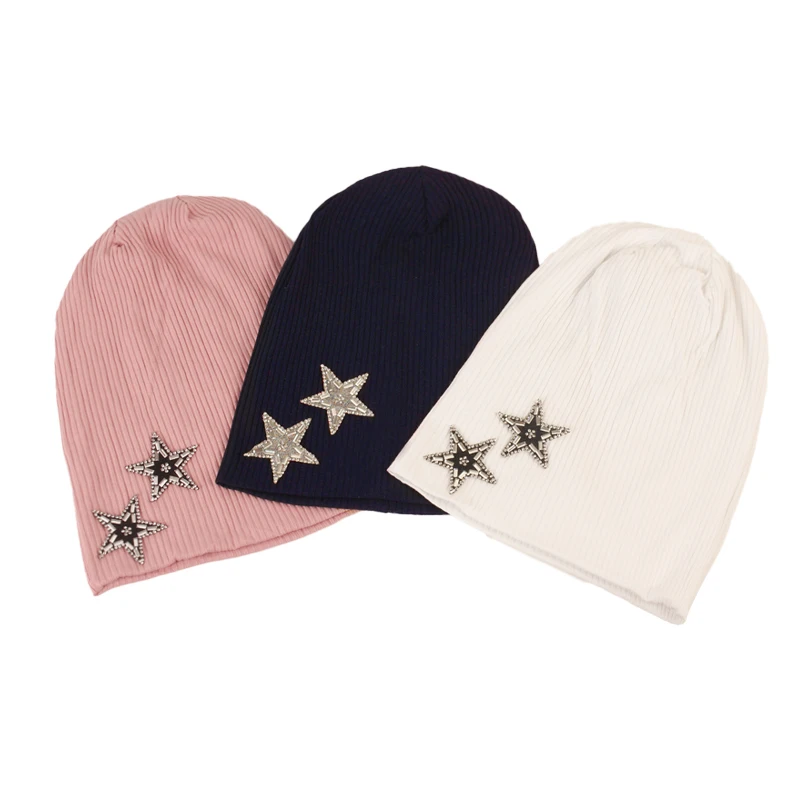 Geebro Pentagram Rhinestone Accessories Women Soft Beanies Hats Fashion Ribbing Knitted Solid Color Elastic Skullies Caps Bonnet