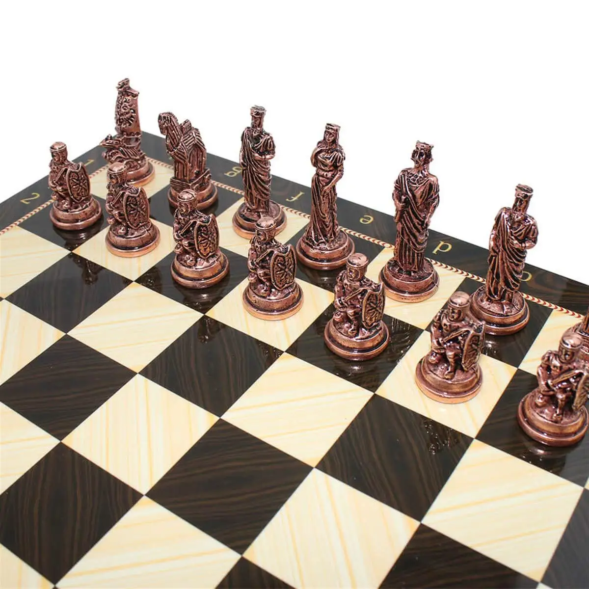 Historical Antique Copper Troy Figures Metal Chess Set,Handmade Pieces and Walnut Patterned Wood Chess Board King 7 cm